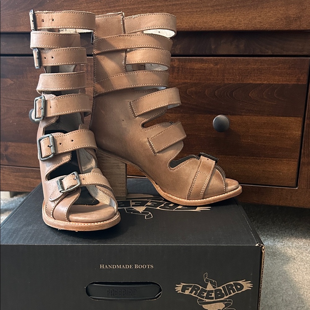 Freebird Women's Brown Strappy Heeled Boots